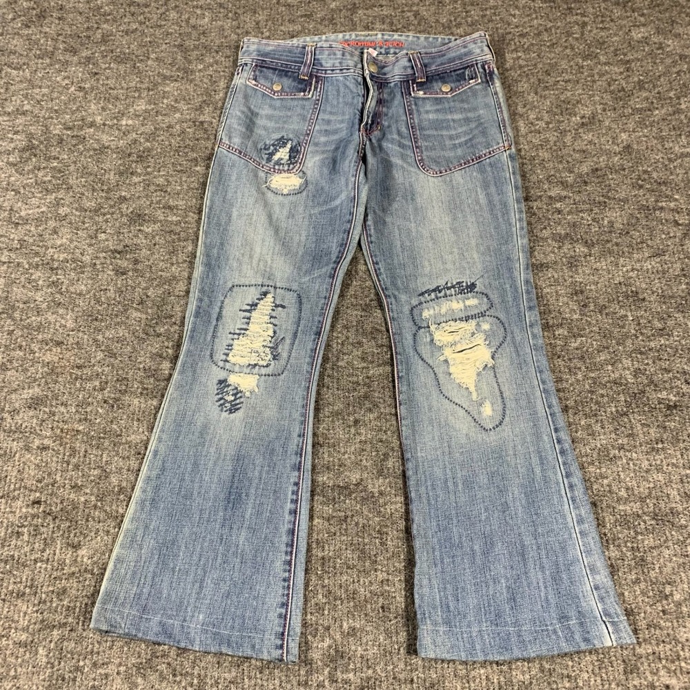 VTG Abercrombie & Fitch Jeans Womens 6 Blue Patch Distressed Flare Low Rise Y2K